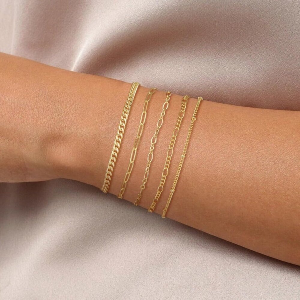 Women's 5Pcs Gold Bracelets for Waterproof, 14K Gold Plated Jewelry Sets Trendy - Picture 3 of 8